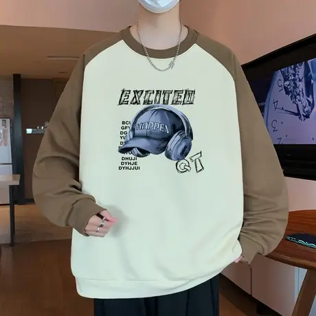 圆领卫衣男韩版潮流青少年学生印花拼接撞色长袖T恤上衣有加绒款商品大图