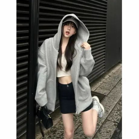 灰色卫衣外套女秋季2025新款开衫连帽宽松薄款韩系独特超好看上衣商品大图