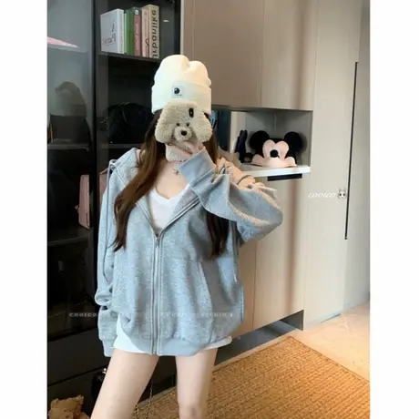拉链连帽长袖纯色卫衣女早秋2025新款慵懒风气质宽松显瘦百搭上衣商品大图