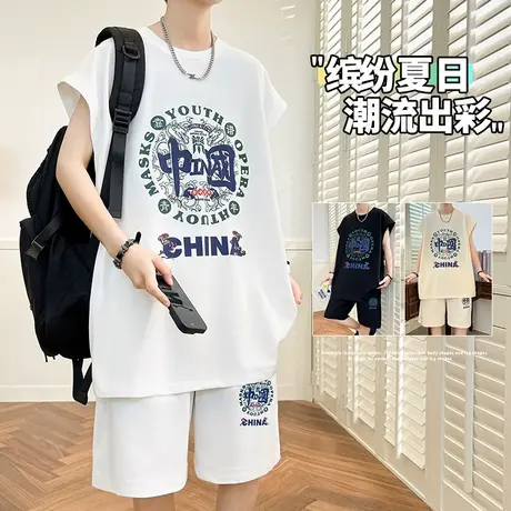 国潮休闲运动套装男士夏季短袖短裤男装酷帅搭配青少年一套篮球服商品大图