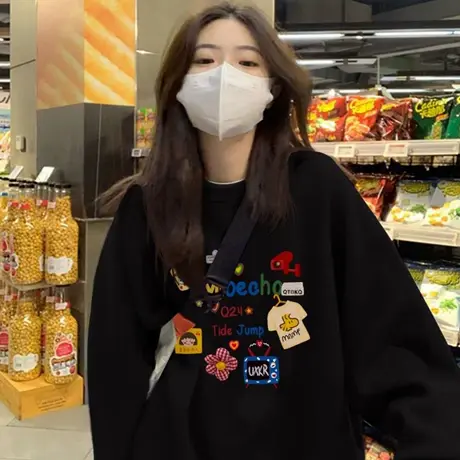 美式黑色圆领卫衣女2025年新款爆款秋冬加绒加厚宽松减龄外套上衣商品大图