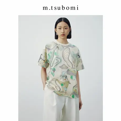 子苞米艺术印花圆领短袖2024夏季新款宽松不规则拼接设计感T恤女商品大图