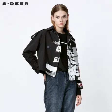 S·DEER圣迪奥女装时尚翻领字母胶印双排扣短款外套S21382215商品大图