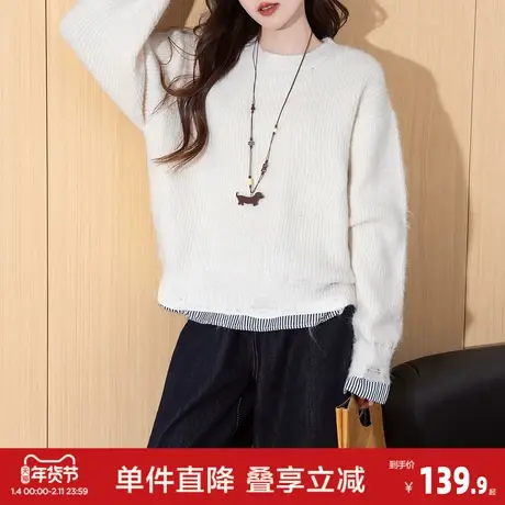 唐狮2026秋冬梭织拼接设计圆领套头女式针织衫时尚百搭小个子毛衣商品大图