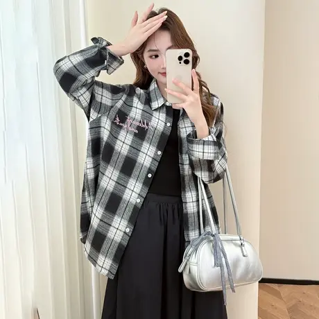 唐狮新款长袖衬衫女黑白格子字母印花翻领百搭休闲上衣blTM图片