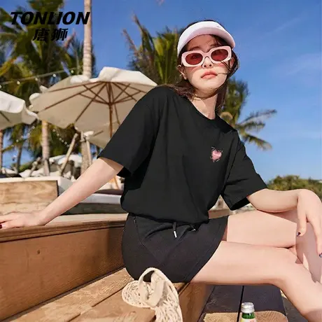 唐狮官方黑色短袖女t恤夏2026新款女士宽松显瘦纯棉半袖上衣女VB商品大图