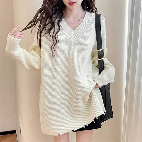 唐狮秋冬毛衣女套头v领下摆设计宽松时尚慵懒风高级感针织衫tu图片