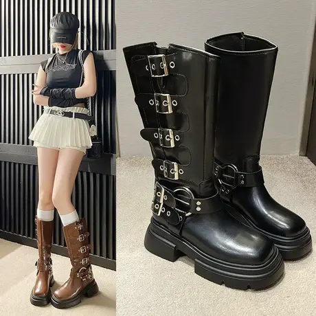 长筒靴女2023年秋款新款靴子复古百搭显瘦厚底骑士靴不过膝高筒靴图片