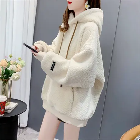 设计感加绒加厚连帽卫衣女2023新款秋冬宽松慵懒风爆款羊羔毛外套商品大图