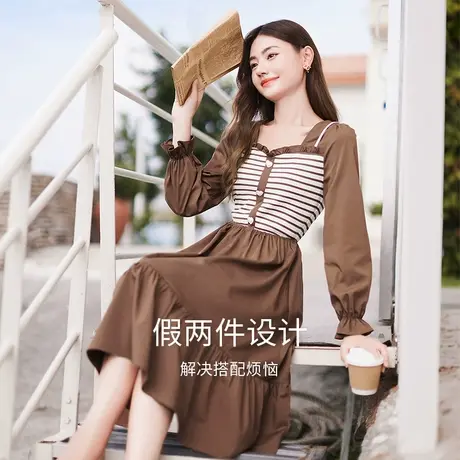 【直播间】香影法式方领连衣裙女长袖2023秋季新款收腰条纹针织图片