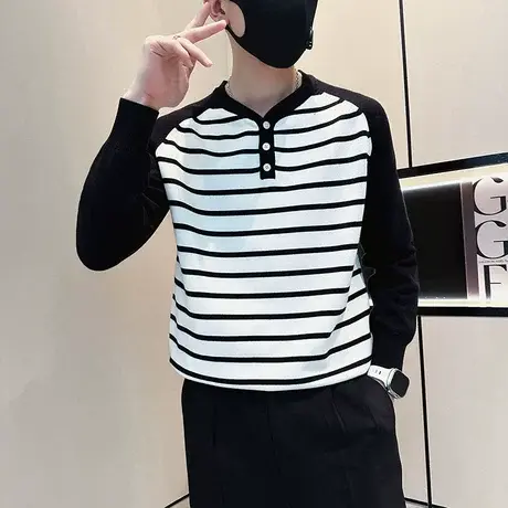 个性条纹拼接撞色插肩针织衫线衣男秋冬季ins潮休闲穿搭潮牌上衣商品大图