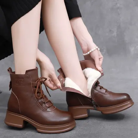 2023春季保暖加绒真皮大码女短靴40一43厚底羊毛里系鞋带马丁靴女商品大图