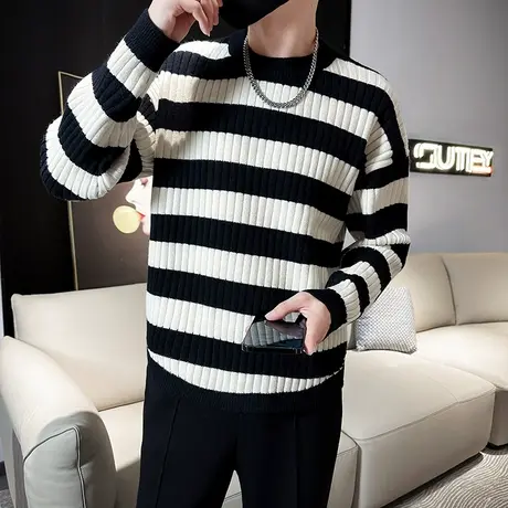 秋冬男士条纹圆领毛衣男款潮流款式复古百搭休闲长袖慵懒针织衫男图片