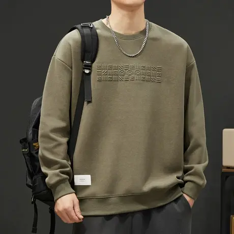 秋冬季卡其色潮牌重磅无帽圆领卫衣春秋款男生宽松痞帅长袖上衣服商品大图