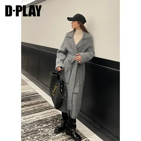 DPLAY2023冬静奢老钱风重磅加厚灰色长款氛围感针织开衫大衣商品大图