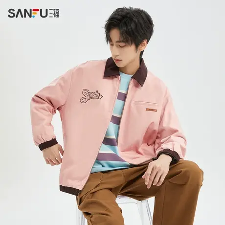 三福2023冬男士英文刺绣夹克 时尚休闲宽松翻领外套男477173图片