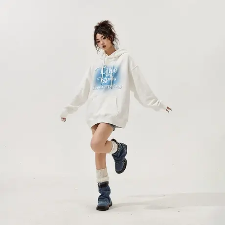 YEP美式复古印花连帽卫衣女加绒2023年新款秋冬宽松oversize外套商品大图