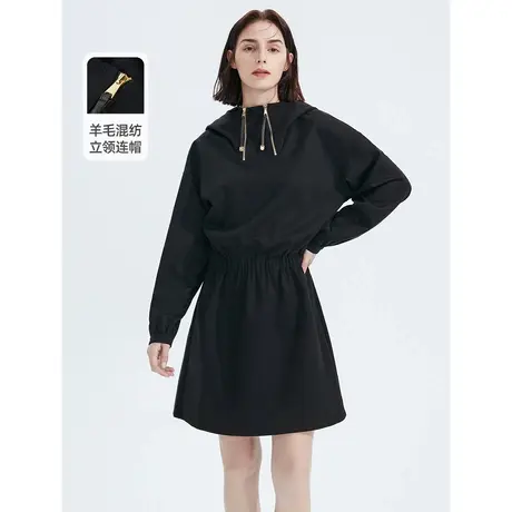朗姿羊毛棉质高腰显瘦气质连帽高级感设计感女连衣裙冬季新款商品大图
