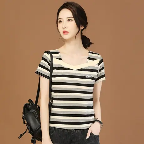 韩潮袭人方领短袖条纹休闲T恤女2023夏季新款百搭显瘦体恤衫上衣图片