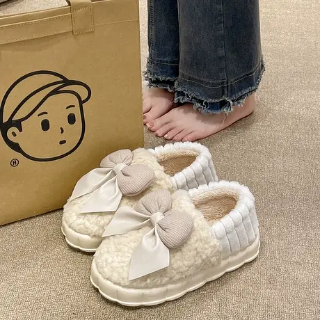 2023新款棉拖鞋女士冬季可爱蝴蝶结拼色保暖毛绒包跟厚底居家棉鞋商品大图