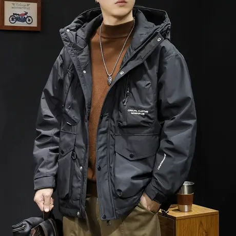 白鸭羽绒服男冬季连帽2023新款潮牌男装大码男士工装外套加肥加大商品大图