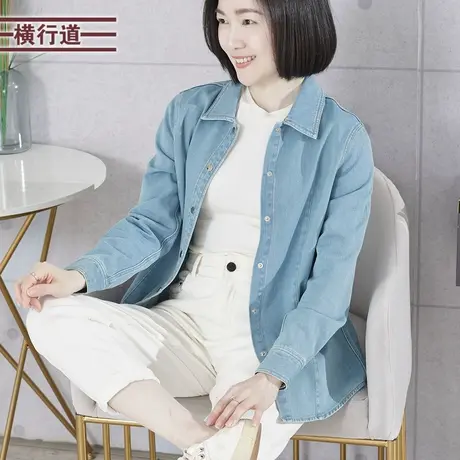 翻领合体长袖牛仔衬衫全棉纯色韩版妈妈大码外套2023新款冬装女衣商品大图