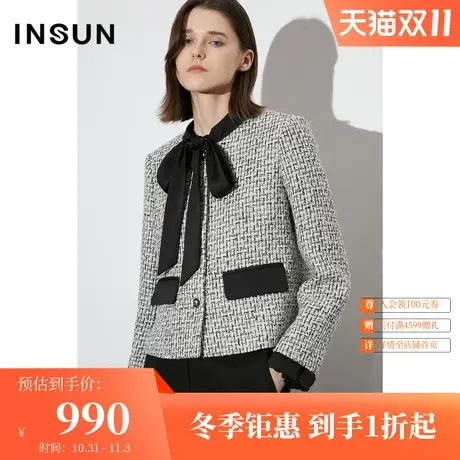 [触感香风]恩裳COVER2023早春新款经典粗花呢羊毛花黑白短款外套商品大图