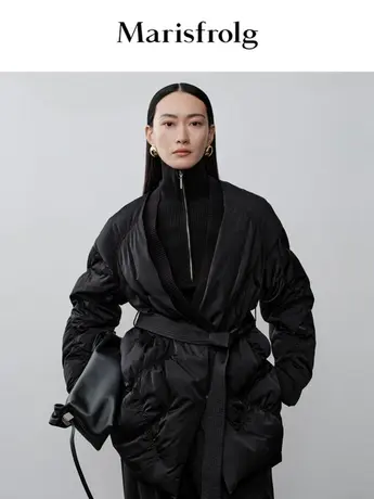 【言选好物】玛丝菲尔年冬季新款黑色针织V领中长款羽绒服女图片