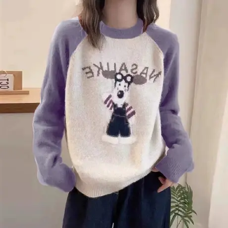 韩版圆领拼色卡通宽松2023秋冬季新款长袖针织衫套头毛衣上衣女图片