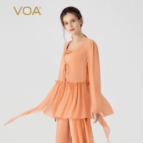 VOA桑蚕丝乔其淡粉色V领长袖木耳边装饰系带百搭通勤真丝外套图片
