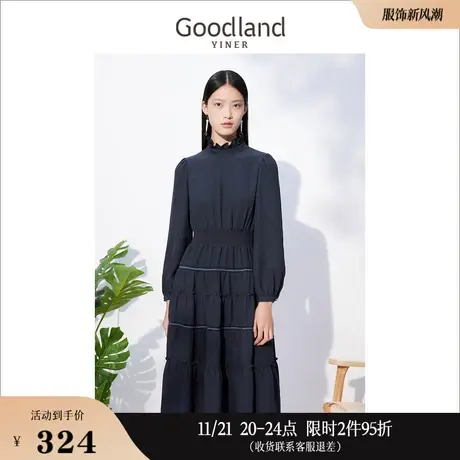 Goodland美地女装秋季长袖木耳边肌理感蕾丝公主连衣裙图片