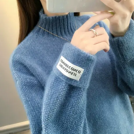 5908新款水貂绒高领加绒毛衣女宽松慵懒套头加厚雪尼尔针织衫图片