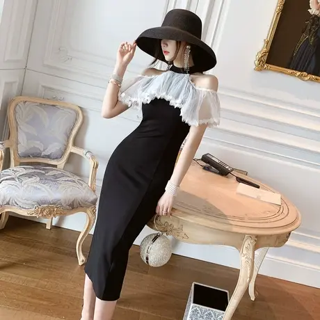 无袖削肩挂脖连衣裙2024新款夏名媛气质韩版性感修身冷淡风中长款图片