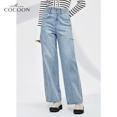 missCOCOON高腰牛仔裤女2023新款春装全棉时尚破洞做旧直筒阔腿裤商品大图