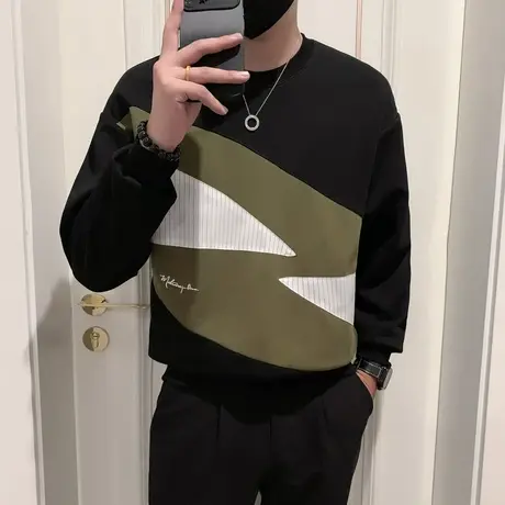 卫衣男2023春秋潮牌圆领套头衫青年撞色拼接设计感休闲体恤上衣商品大图