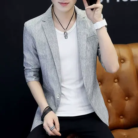 薄款外套夏装韩版七分袖小西服男士潮流纯色百搭中袖单件上衣西装商品大图