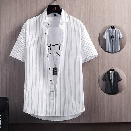 男士短袖衬衫2025夏季新款宽松潮牌潮流条纹衬衣工装薄款外套衣服图片