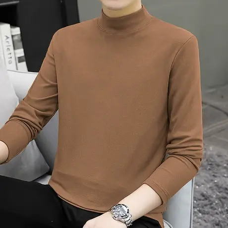 300g重磅半高领长袖t恤男德绒打底衫中领小衫双面绒内搭纯色秋衣商品大图