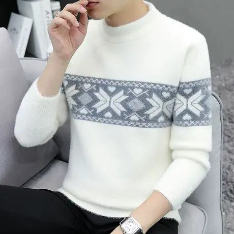 秋冬季2023年新款半高领水貂加绒加厚毛衣男士潮流保暖打底针织衫商品大图