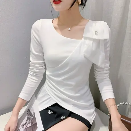 设计感不规则T恤女长袖秋季2023新款性感斜领上衣下摆开叉打底衫商品大图