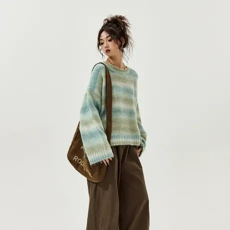 YEP慵懒风绿色条纹软糯毛衣女短款春秋高级感复古毛毛针织衫多色图片