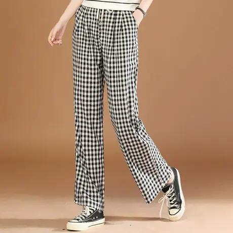 韩潮袭人松紧腰格子宽松休闲裤女2024夏季新款哈伦阔腿裤拖地裤薄图片