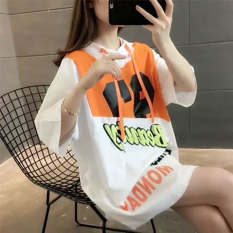 短袖2023夏季新款女装宽松连帽中长款印花上衣洋气设计感显瘦T恤图片