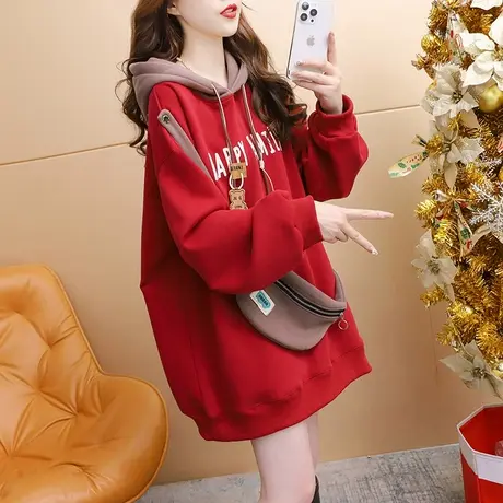 加绒加厚连帽卫衣外套女2023新款秋冬爆款时尚洋气宽松设计感上衣商品大图