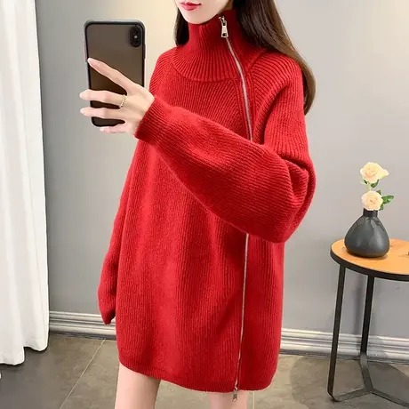 高领中长款红色毛衣女加厚打底衫2023秋冬新款拉链针织衫内搭上衣商品大图