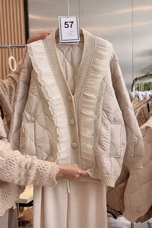 甜美百搭棉服外套女欧洲站慵懒高级感大码宽松针织拼接毛衣棉衣图片