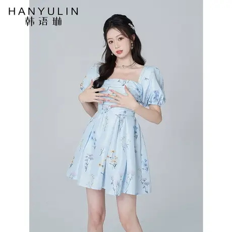 韩语琳方领泡泡袖连衣裙女夏季新款短款公主蓬蓬裙高级感生日裙子图片