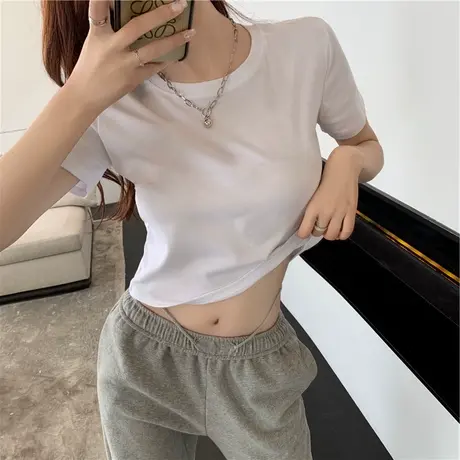 2024年春夏季新款女装设计感小众短款纯色上衣服ins潮白色短袖t恤商品大图