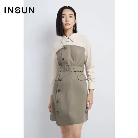 INSUN恩裳秋季撞色假两件衬衫连衣裙图片