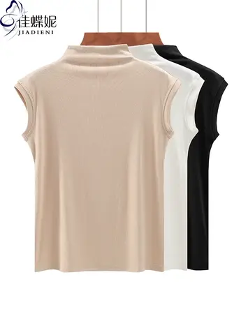 半高领修身短袖2023新款春夏t恤打底衫坎肩纯白内搭上衣黑色背心商品大图